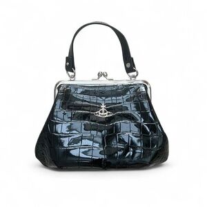 Vivienne Westwood Shiny Black Croc-Embossed Frame Bag
